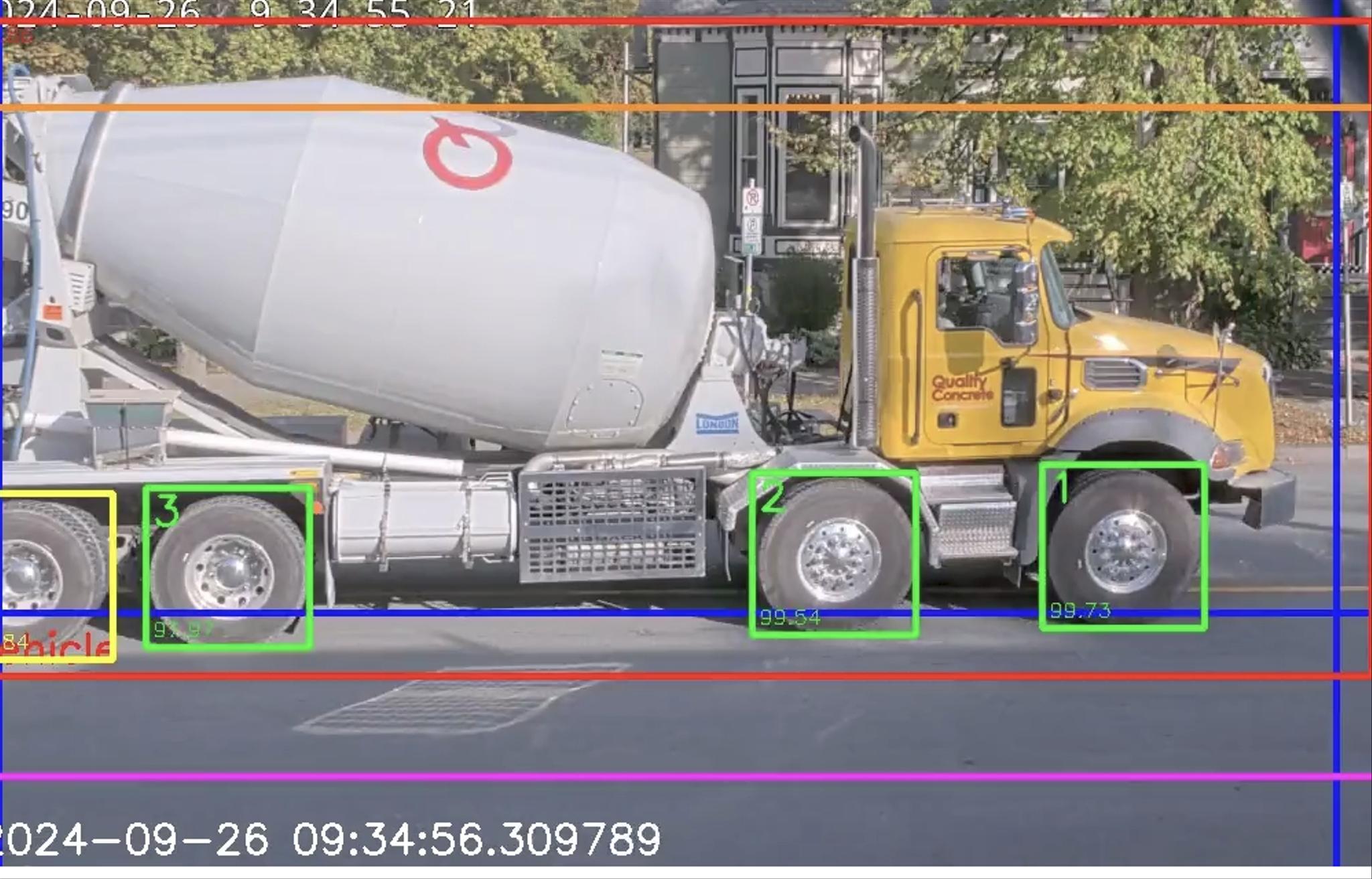 Cement mixer with graphic computer-vision overlays counting number of axels.